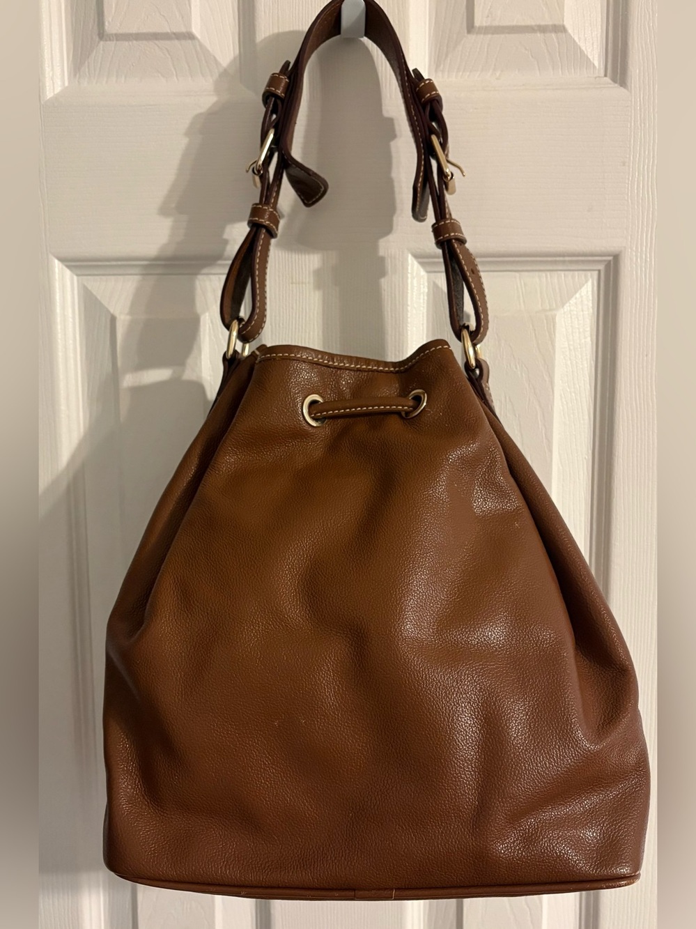 DOONEY& BOURKE Carmel Brown Pebble Grain Leather Drawstring Hobo Bucket Bag - Picture 2 of 14